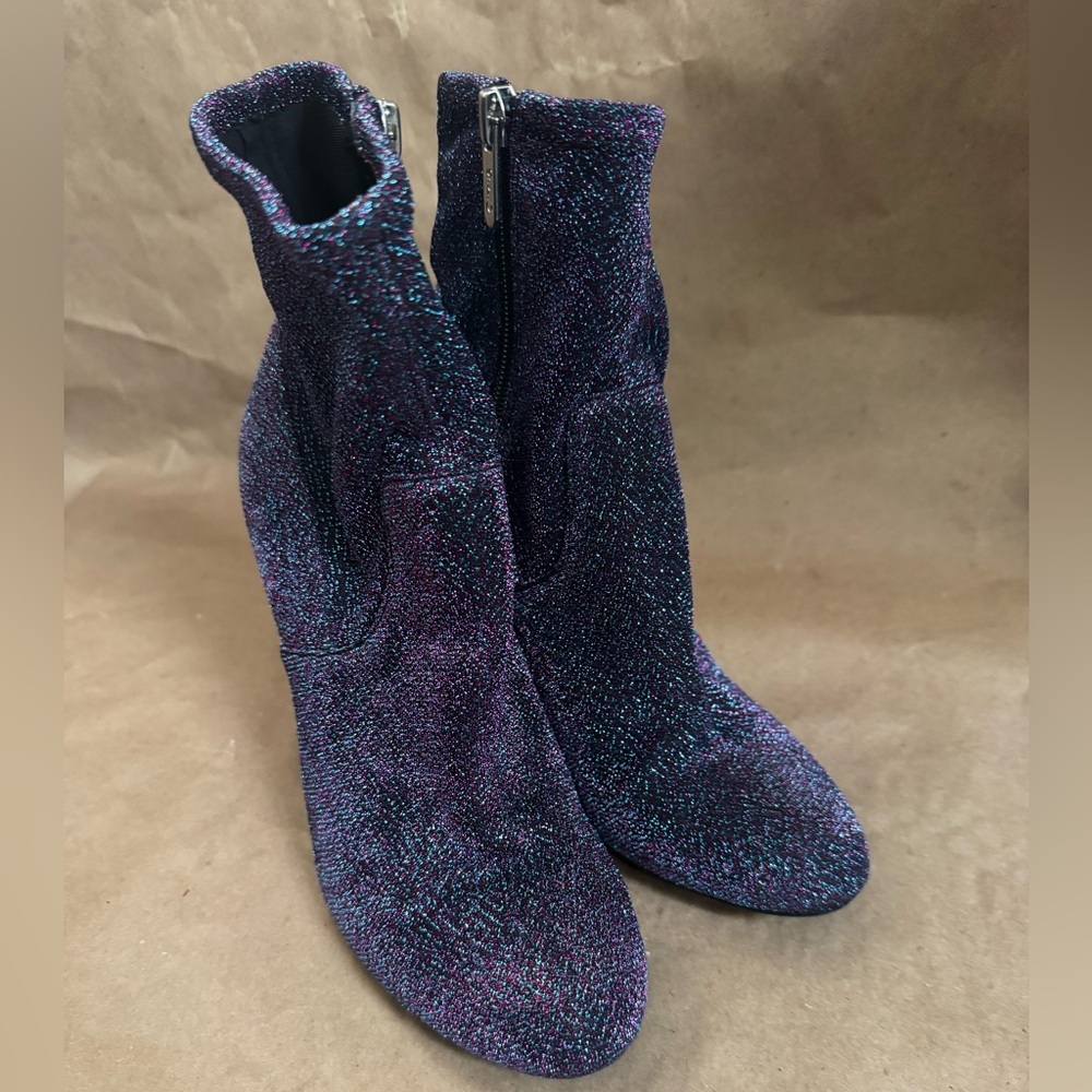 Circus by Sam Edelman Carinda Purple & Blue Glitter Sock 4” Heel Boot. Size 6.5